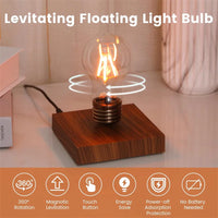 Light bulb levitating in mid-air above a wooden base